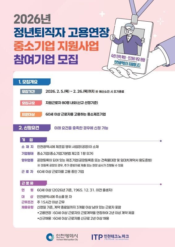 인천시, 정년 퇴직자 고용 중소기업 인건비 연 360만 원 지원